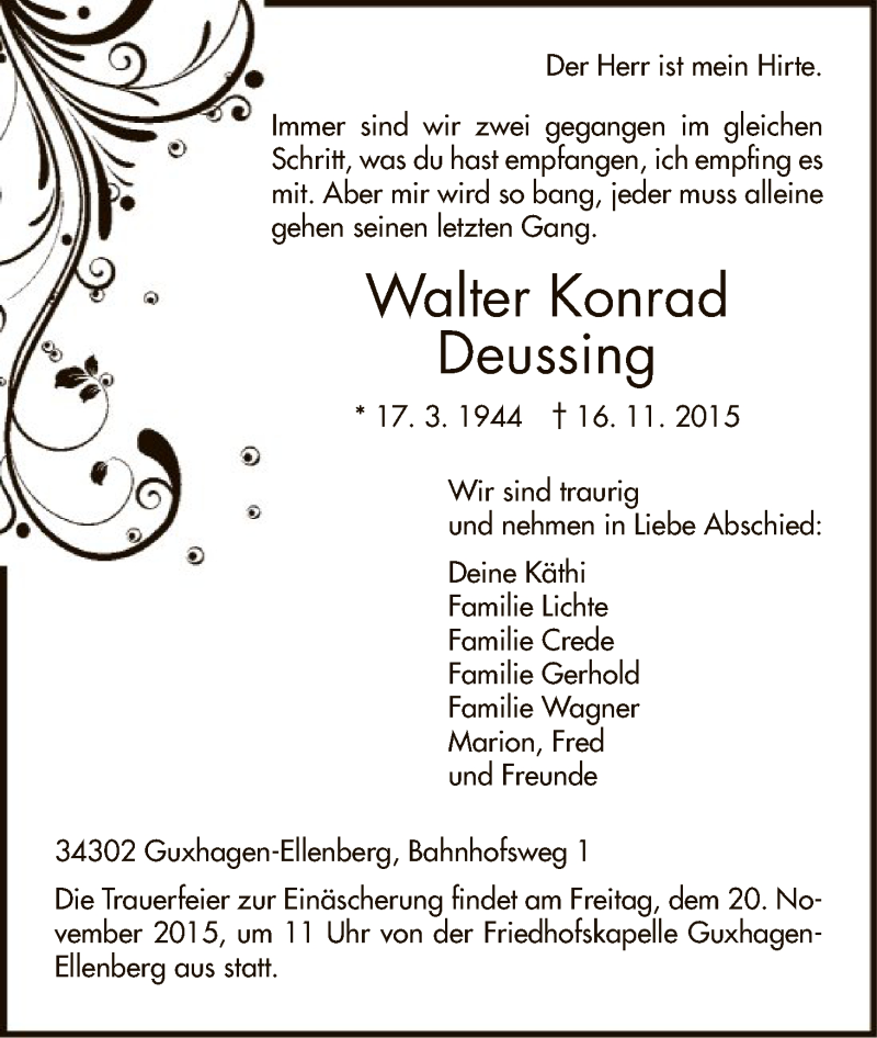  Traueranzeige für Walter Konrad Deussing vom 18.11.2015 aus HNA