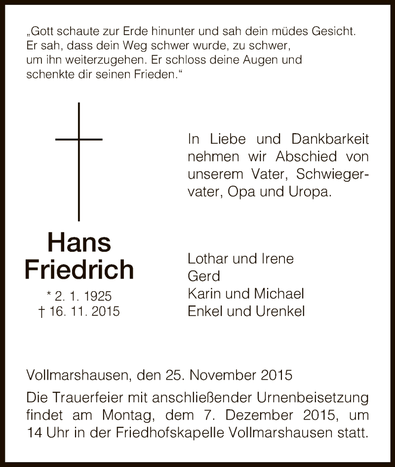  Traueranzeige für Hans Friedrich vom 25.11.2015 aus HNA