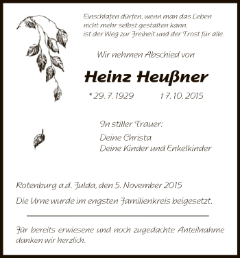 Traueranzeige von Heinz Heußner von HNA