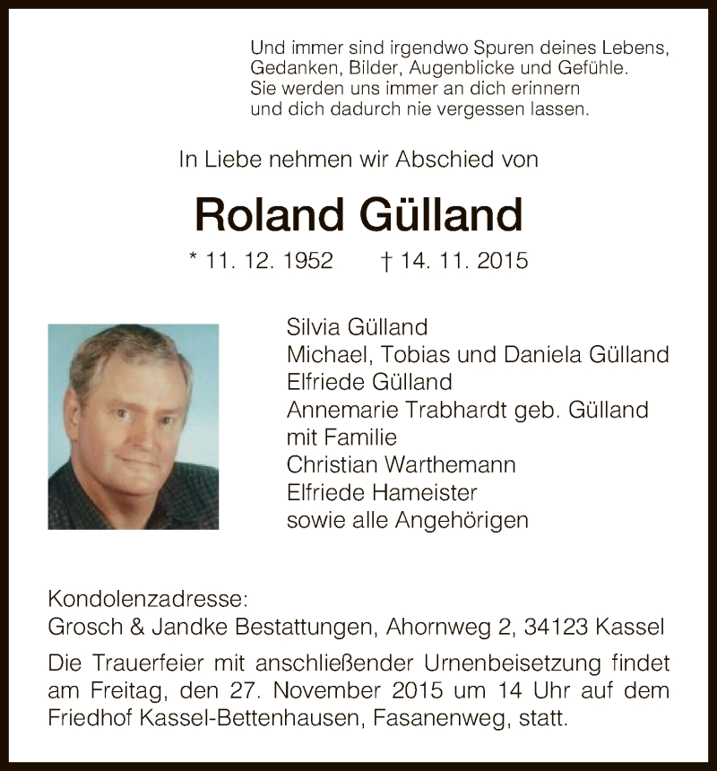  Traueranzeige für Roland Gülland vom 25.11.2015 aus HNA