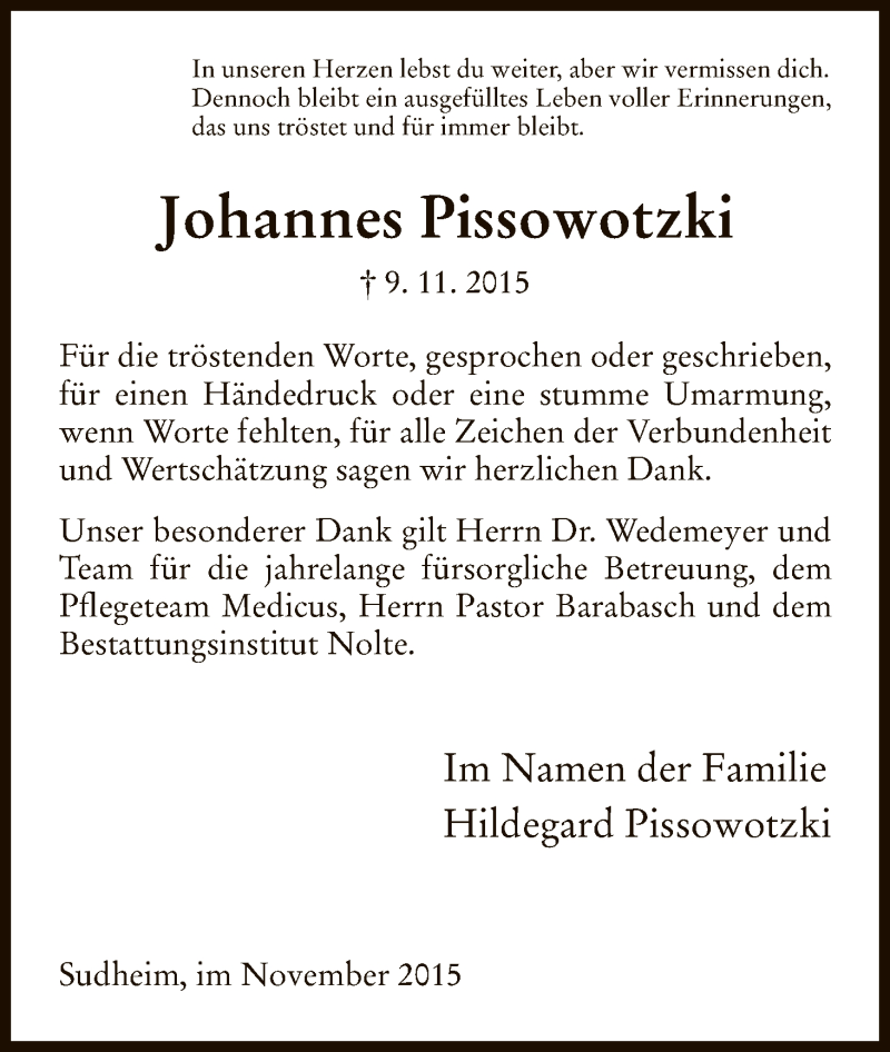  Traueranzeige für Johannes Pissowotzki vom 28.11.2015 aus HNA