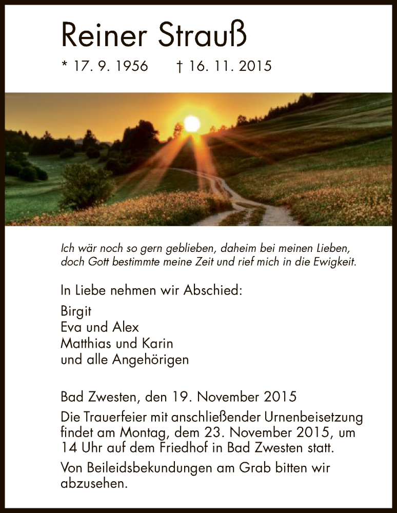  Traueranzeige für Reiner Strauß vom 19.11.2015 aus HNA