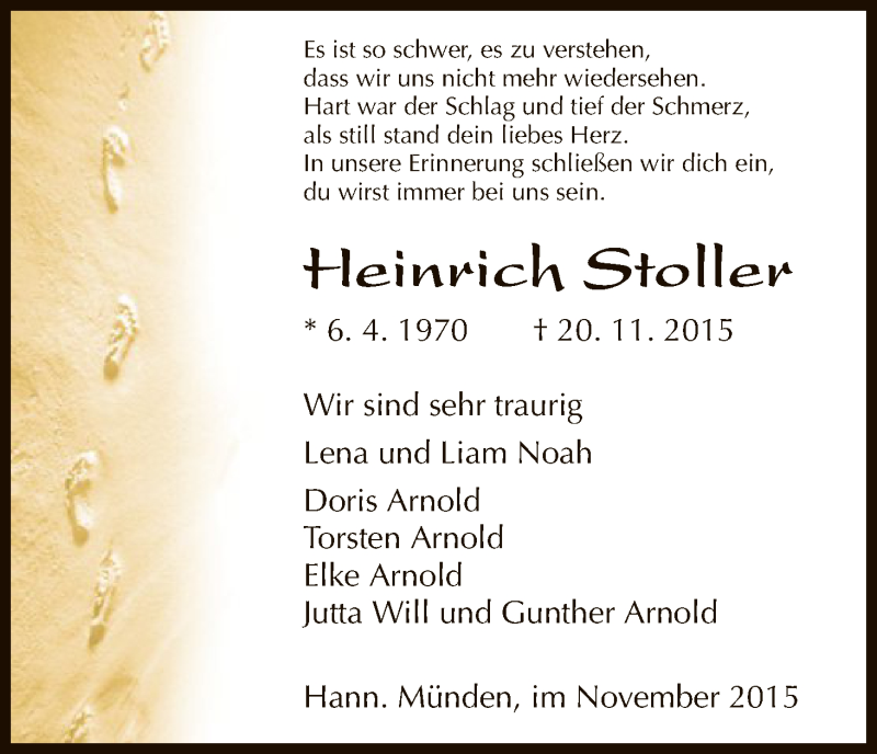  Traueranzeige für Heinrich Stoller vom 25.11.2015 aus HNA