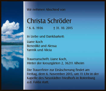 Traueranzeige von Christa Schröder von HNA