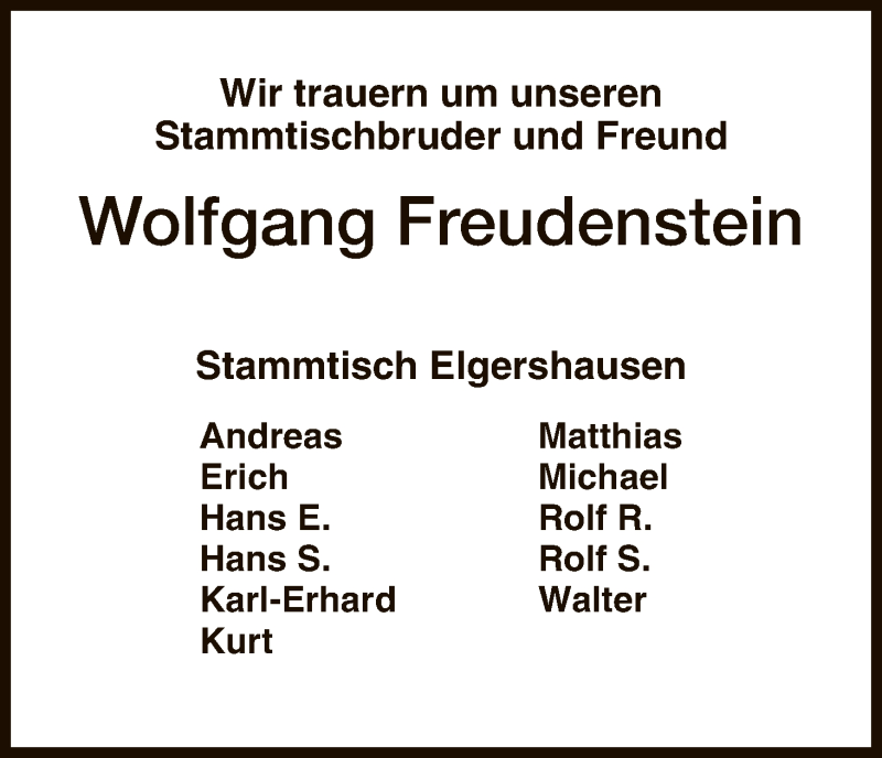  Traueranzeige für Wolfgang Freudenstein vom 25.11.2015 aus HNA