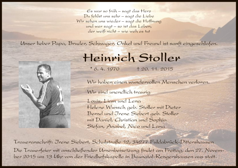  Traueranzeige für Heinrich Stoller vom 25.11.2015 aus HNA