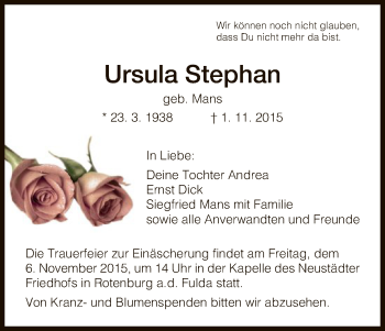 Traueranzeige von Ursula Stephan von HNA