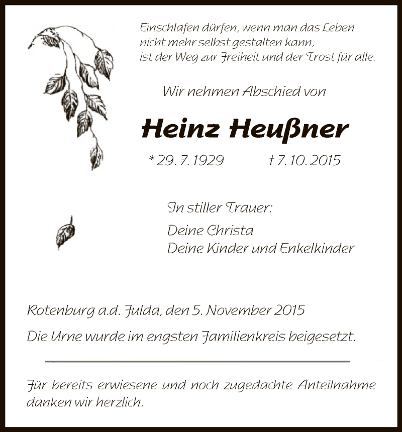  Traueranzeige für Heinz Heußner vom 05.11.2015 aus HNA