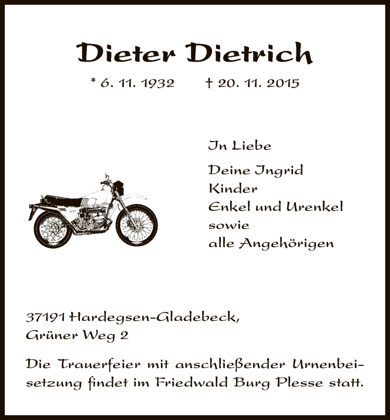  Traueranzeige für Dieter Dietrich vom 25.11.2015 aus HNA