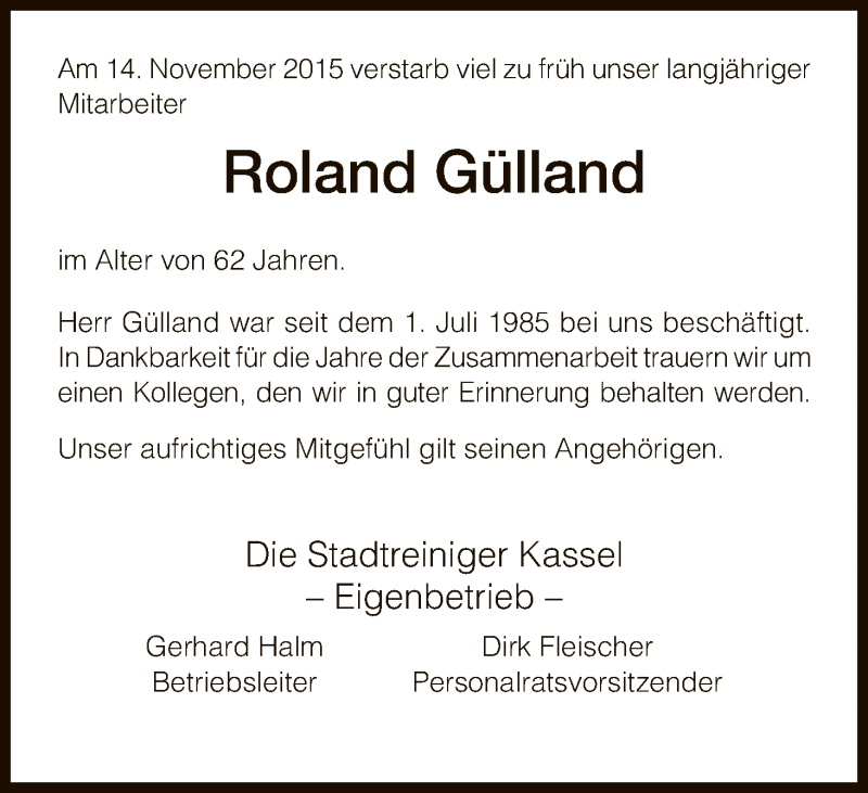  Traueranzeige für Roland Gülland vom 25.11.2015 aus HNA