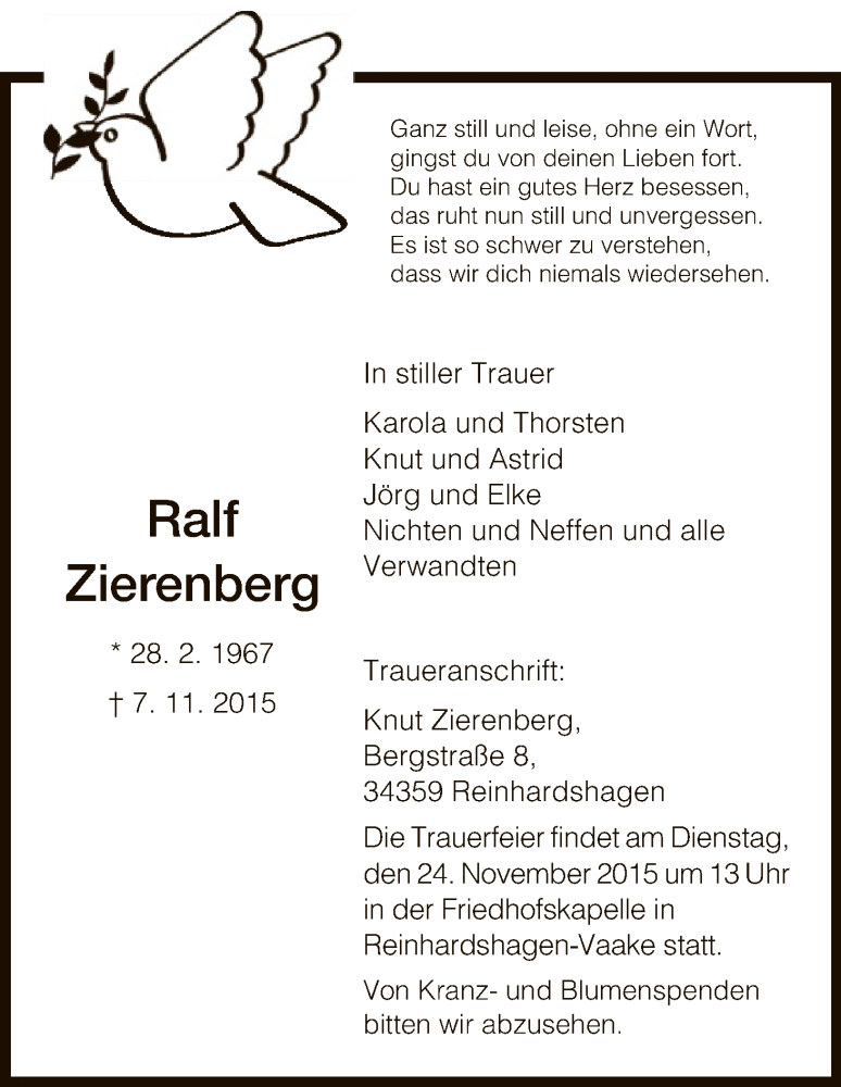 Traueranzeige für Ralf Zierenberg vom 21.11.2015 aus HNA