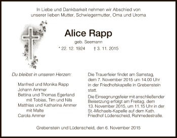 Traueranzeige von Alice Rapp von HNA