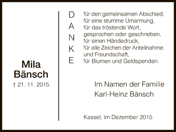 Traueranzeige von Mila Bänsch von HNA