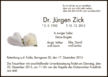 Traueranzeige von Jürgen Zick von HNA