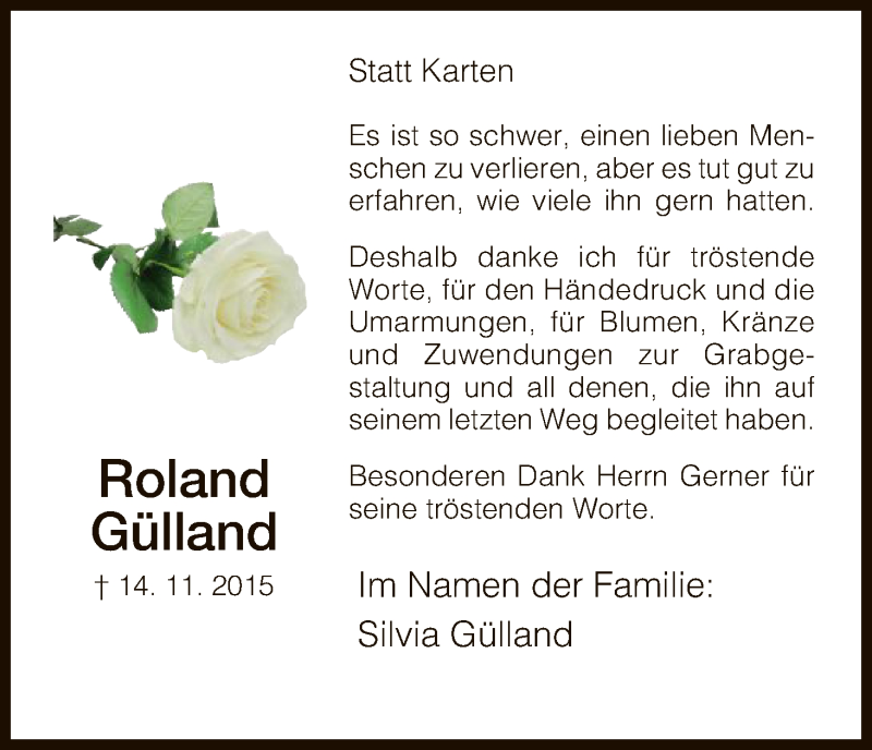  Traueranzeige für Roland Gülland vom 05.12.2015 aus HNA