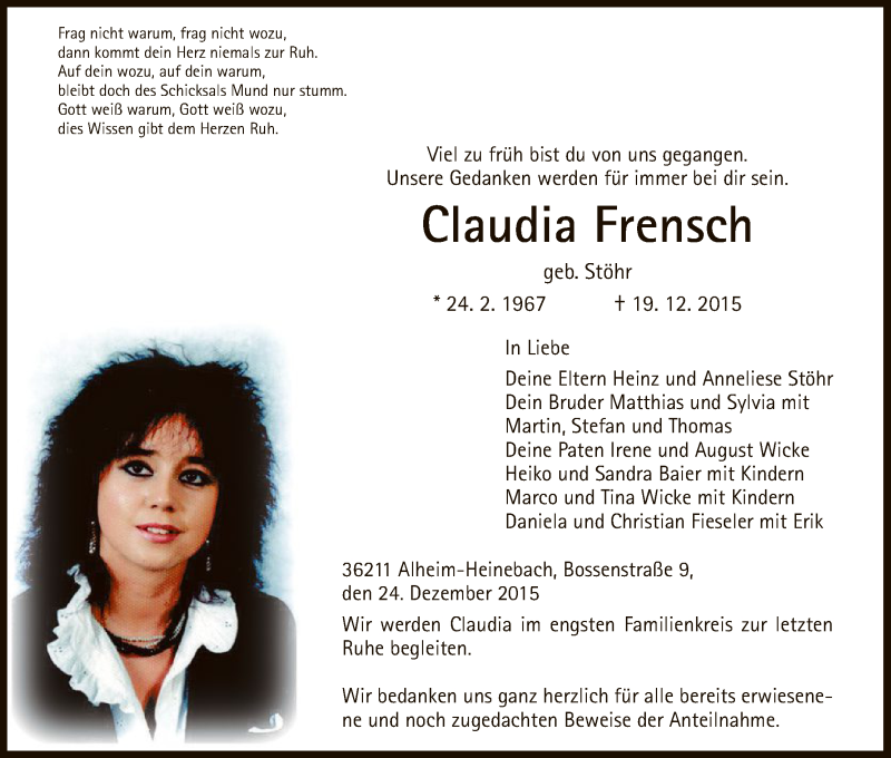  Traueranzeige für Claudia Frensch vom 24.12.2015 aus HNA