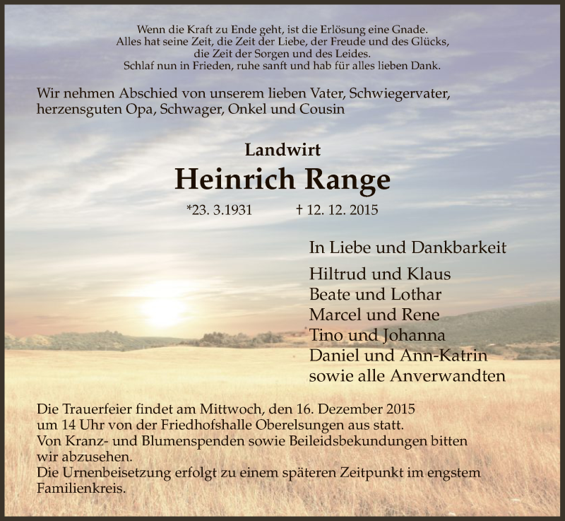  Traueranzeige für Heinrich Range vom 15.12.2015 aus HNA
