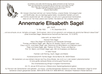 Traueranzeige von Annemarie Elisabeth Sagel von HNA