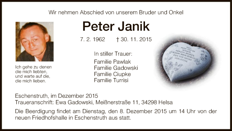  Traueranzeige für Peter Janik vom 07.12.2015 aus HNA