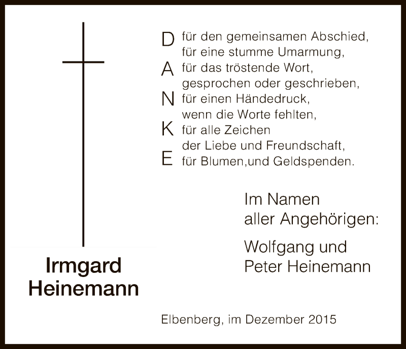 Traueranzeige für Irmgard Heinemann vom 16.12.2015 aus HNA