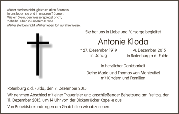 Traueranzeige von Antonie Kloda von HNA