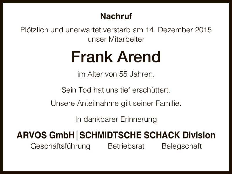  Traueranzeige für Frank Arend vom 18.12.2015 aus HNA
