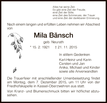 Traueranzeige von Mila Bänsch von HNA