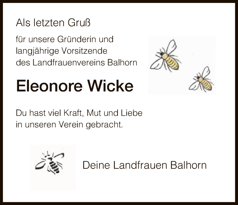  Traueranzeige für Eleonore Wicke vom 17.12.2015 aus HNA