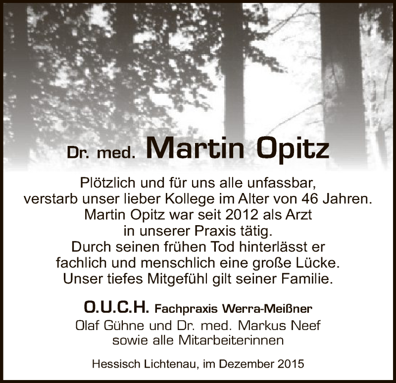  Traueranzeige für Martin Opitz vom 29.12.2015 aus HNA