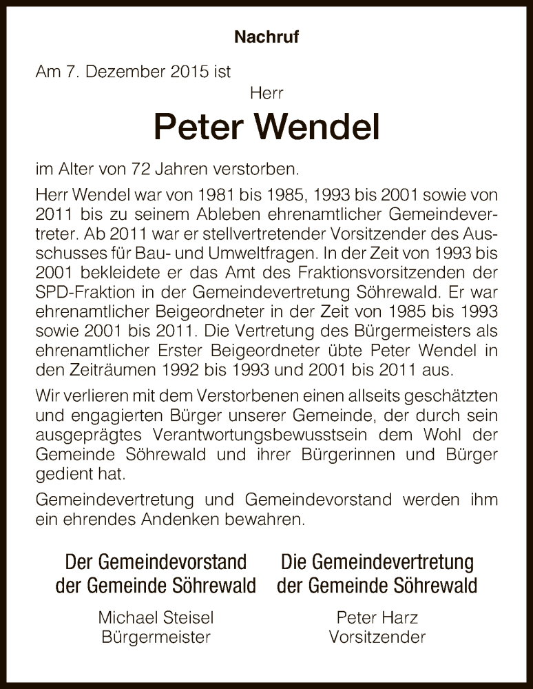  Traueranzeige für Peter Wendel vom 11.12.2015 aus HNA
