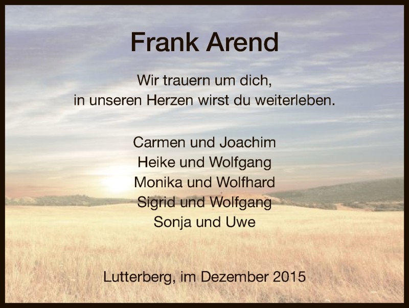  Traueranzeige für Frank Arend vom 17.12.2015 aus HNA