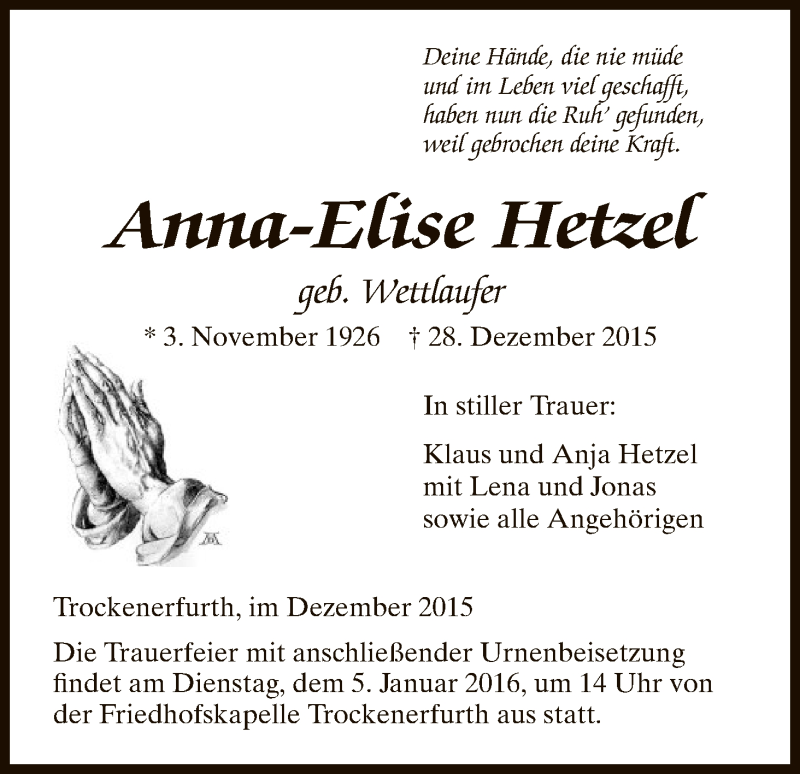  Traueranzeige für Anna-Elise Hetzel vom 31.12.2015 aus HNA