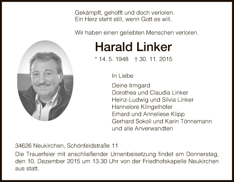  Traueranzeige für Harald Linker vom 07.12.2015 aus HNA