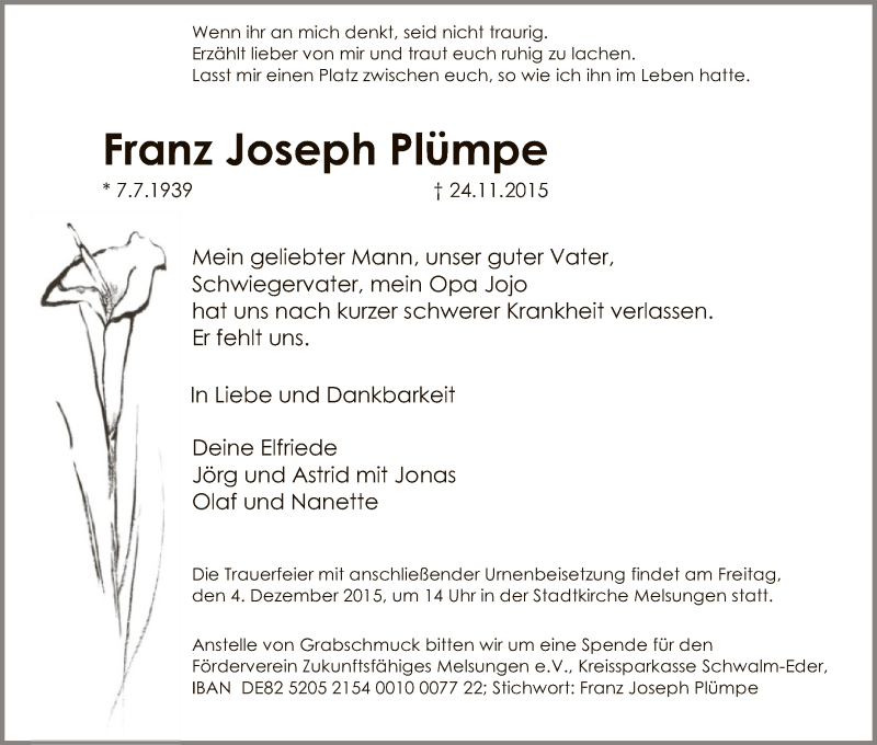  Traueranzeige für Franz Joseph Plümpe vom 01.12.2015 aus HNA