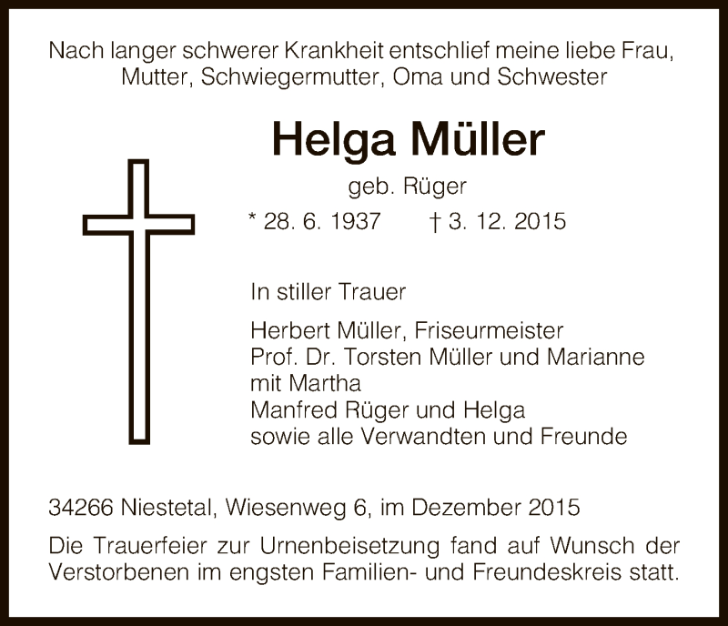  Traueranzeige für Helga Müller vom 22.12.2015 aus HNA