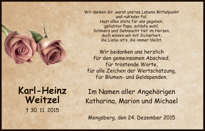  Traueranzeige für Karl-Heinz Weitzel vom 24.12.2015 aus HNA