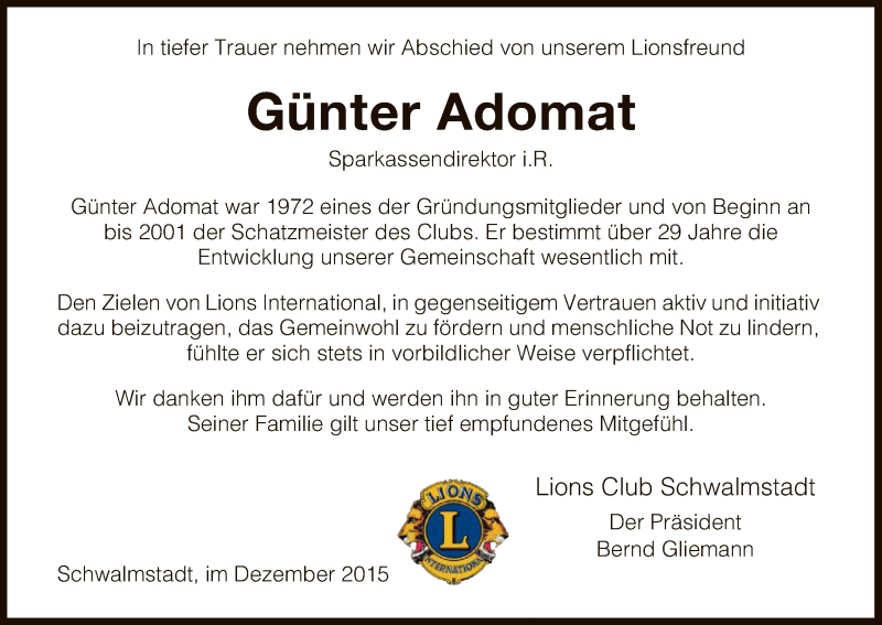  Traueranzeige für Günter Adomat vom 15.12.2015 aus HNA