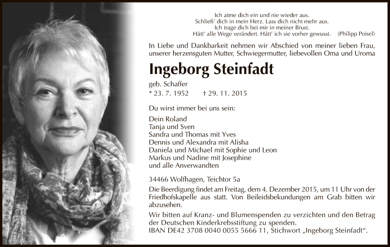  Traueranzeige für Ingeborg Steinfadt vom 01.12.2015 aus HNA