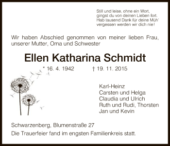 Traueranzeige von Ellen Katharina Schmidt von HNA