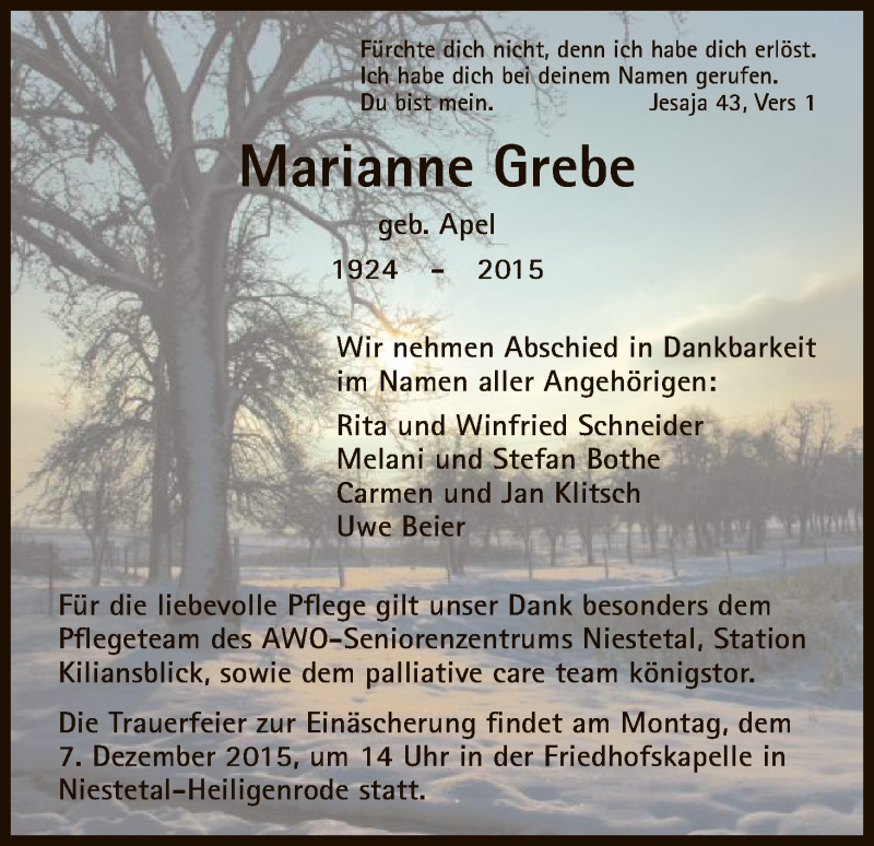  Traueranzeige für Marianne Grebe vom 05.12.2015 aus HNA