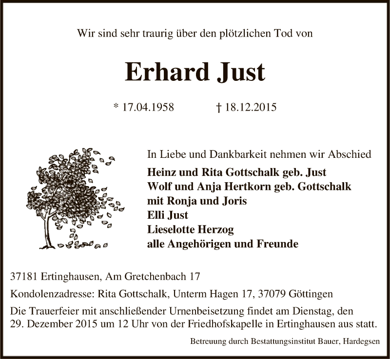  Traueranzeige für Erhard Just vom 24.12.2015 aus HNA