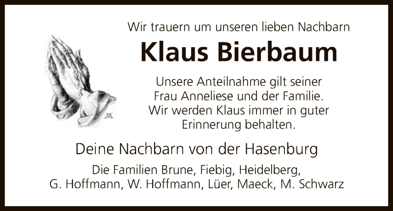  Traueranzeige für Klaus Bierbaum vom 05.12.2015 aus HNA