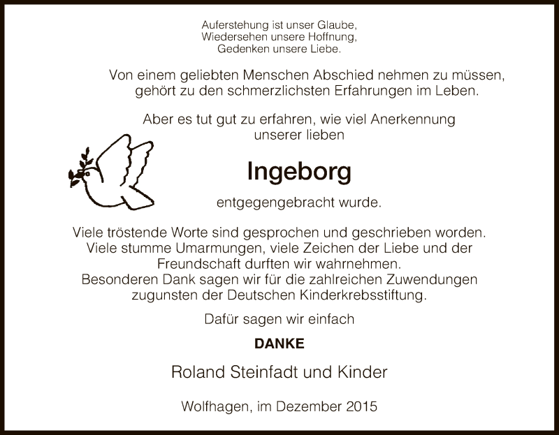  Traueranzeige für Ingeborg  vom 12.12.2015 aus HNA