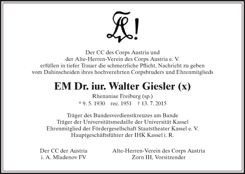  Traueranzeige für Walter Giesler vom 18.07.2015 aus HNA