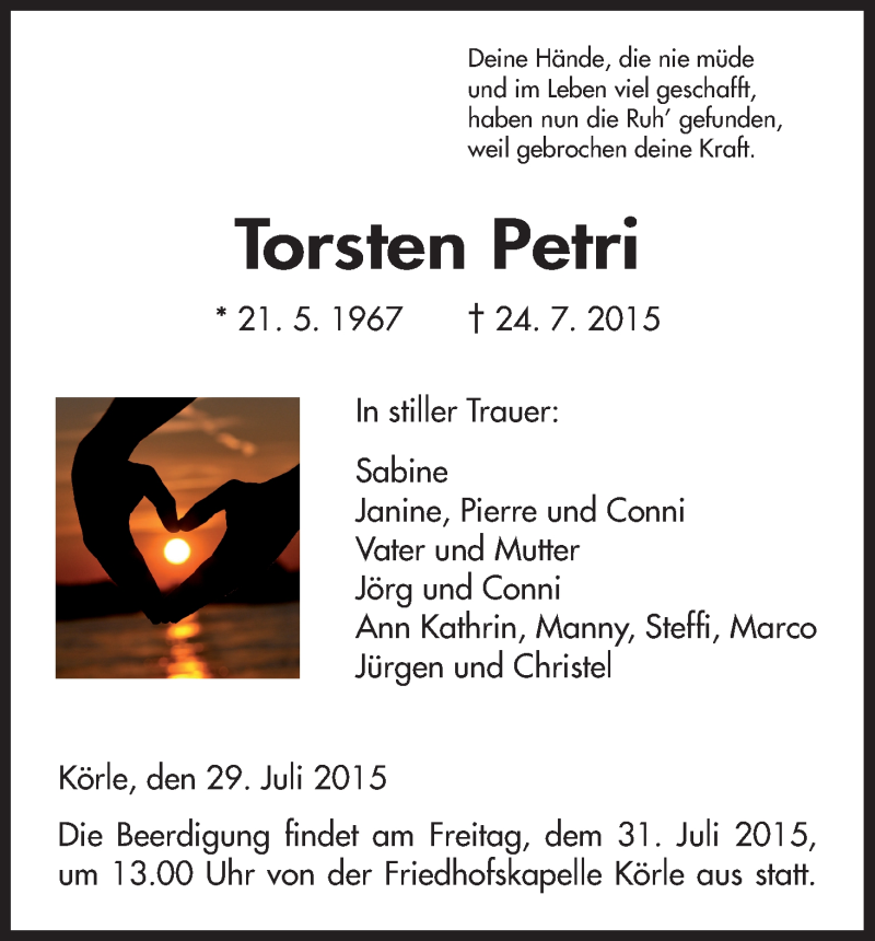  Traueranzeige für Torsten Petri vom 29.07.2015 aus HNA