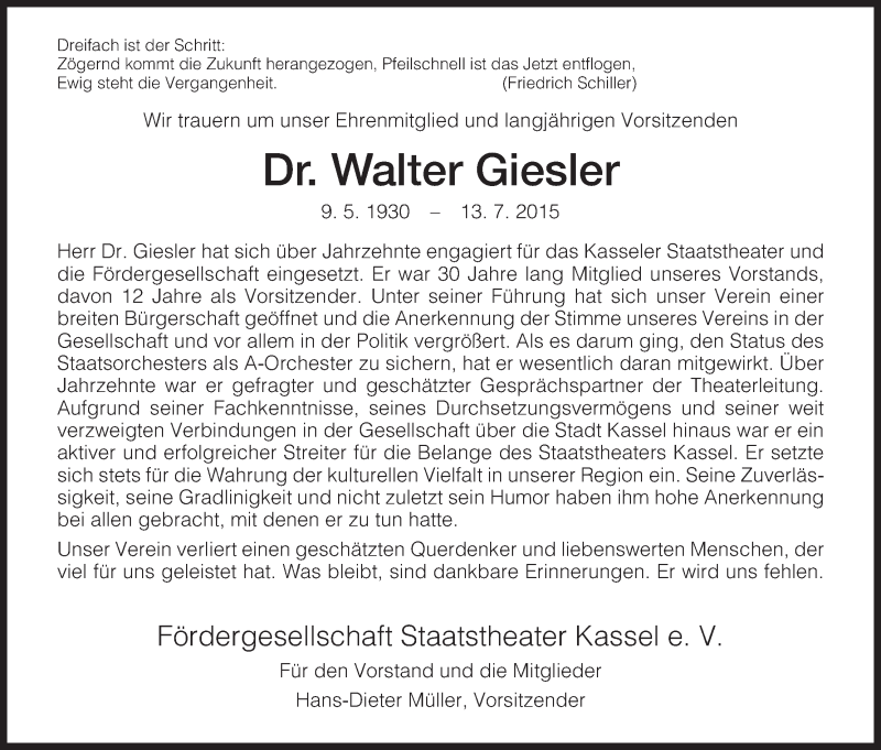  Traueranzeige für Walter Giesler vom 18.07.2015 aus HNA