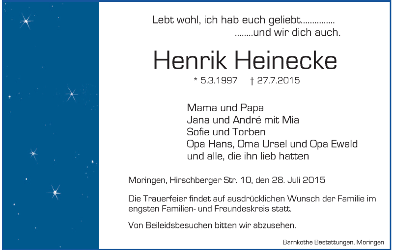  Traueranzeige für Henrik Heinecke vom 29.07.2015 aus HNA