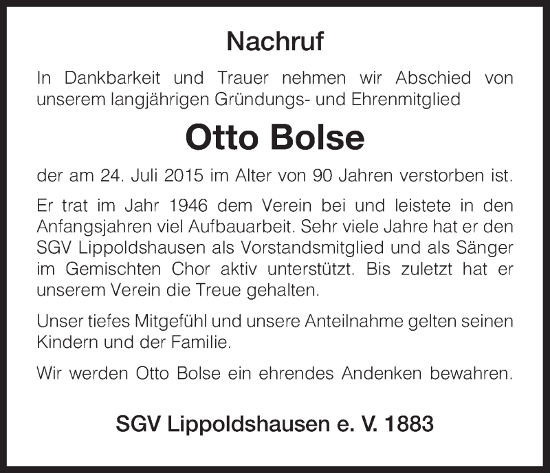  Traueranzeige für Otto Bolse vom 28.07.2015 aus HNA
