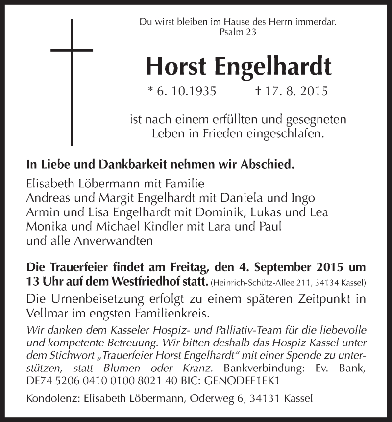  Traueranzeige für Horst Engelhardt vom 29.08.2015 aus HNA