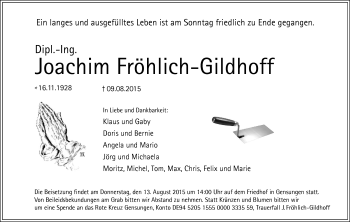 Traueranzeige von Joachim Fröhlich-Gildhoff von HNA